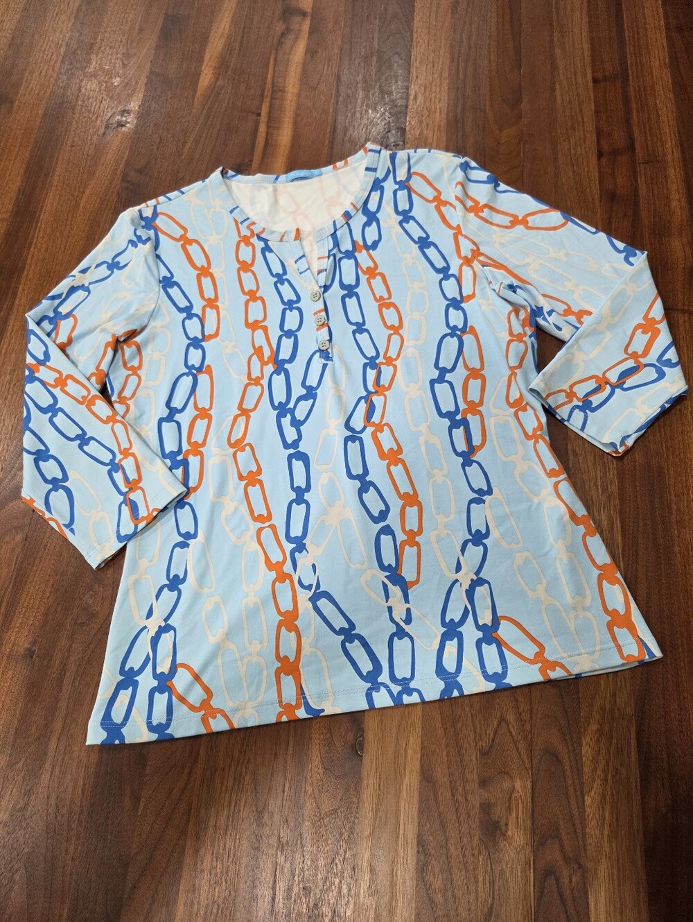 J. McLaughlin Blue Chain-Print 3/4 Sleeve Tunic with Orange & Blue Links Medium